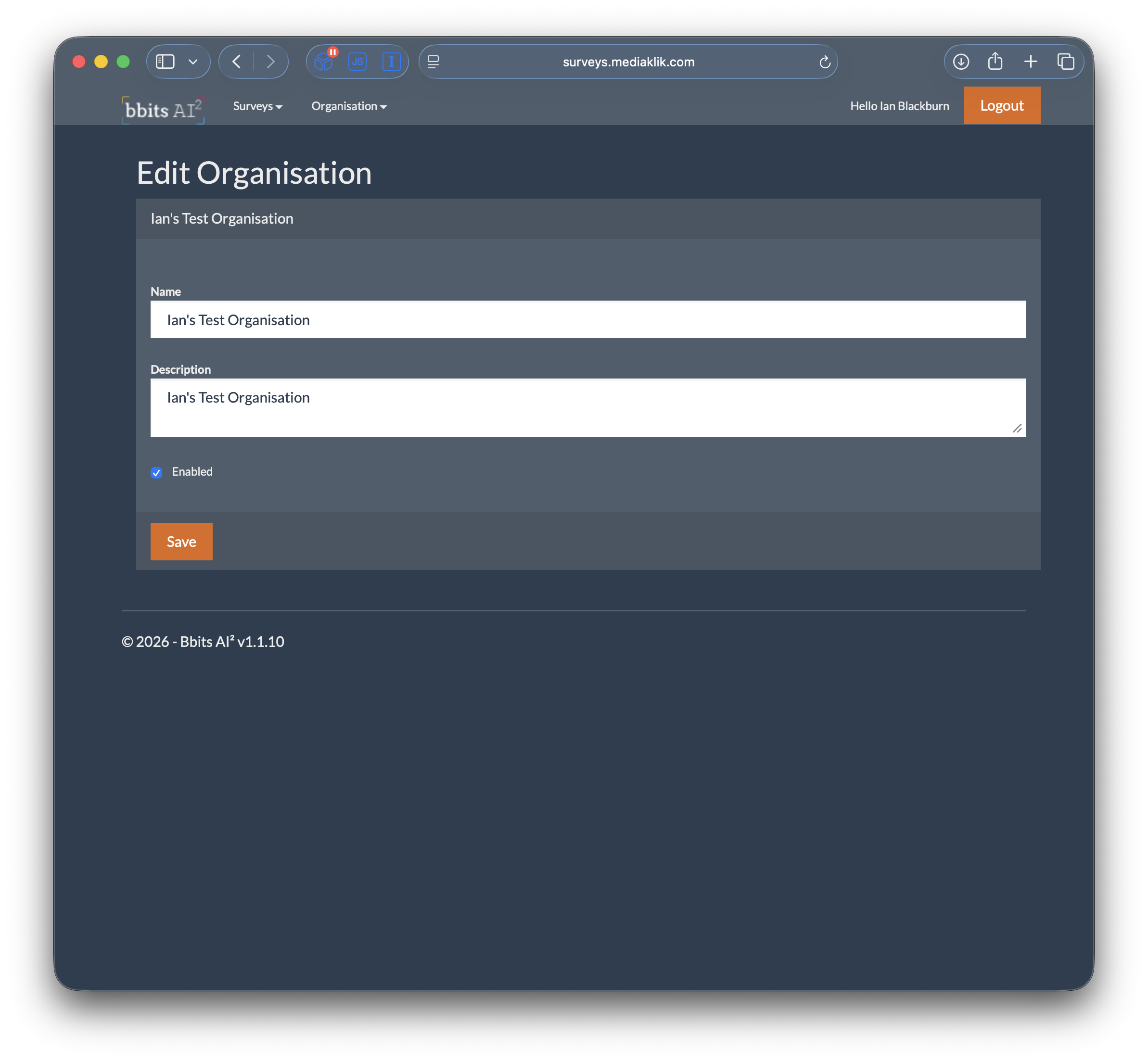 Organisation general details screen in the admin panel