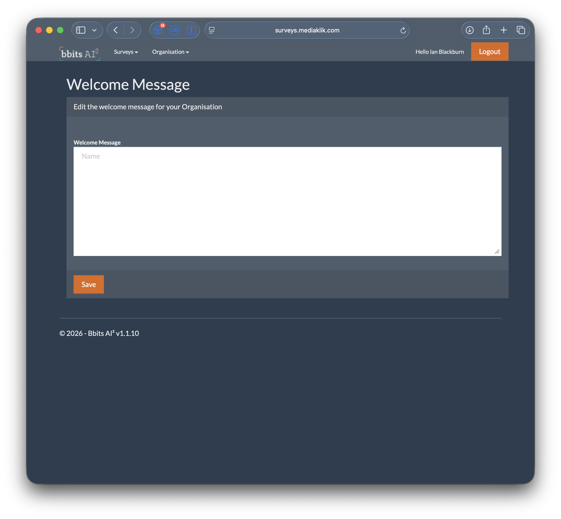 Welcome message editor in the admin panel