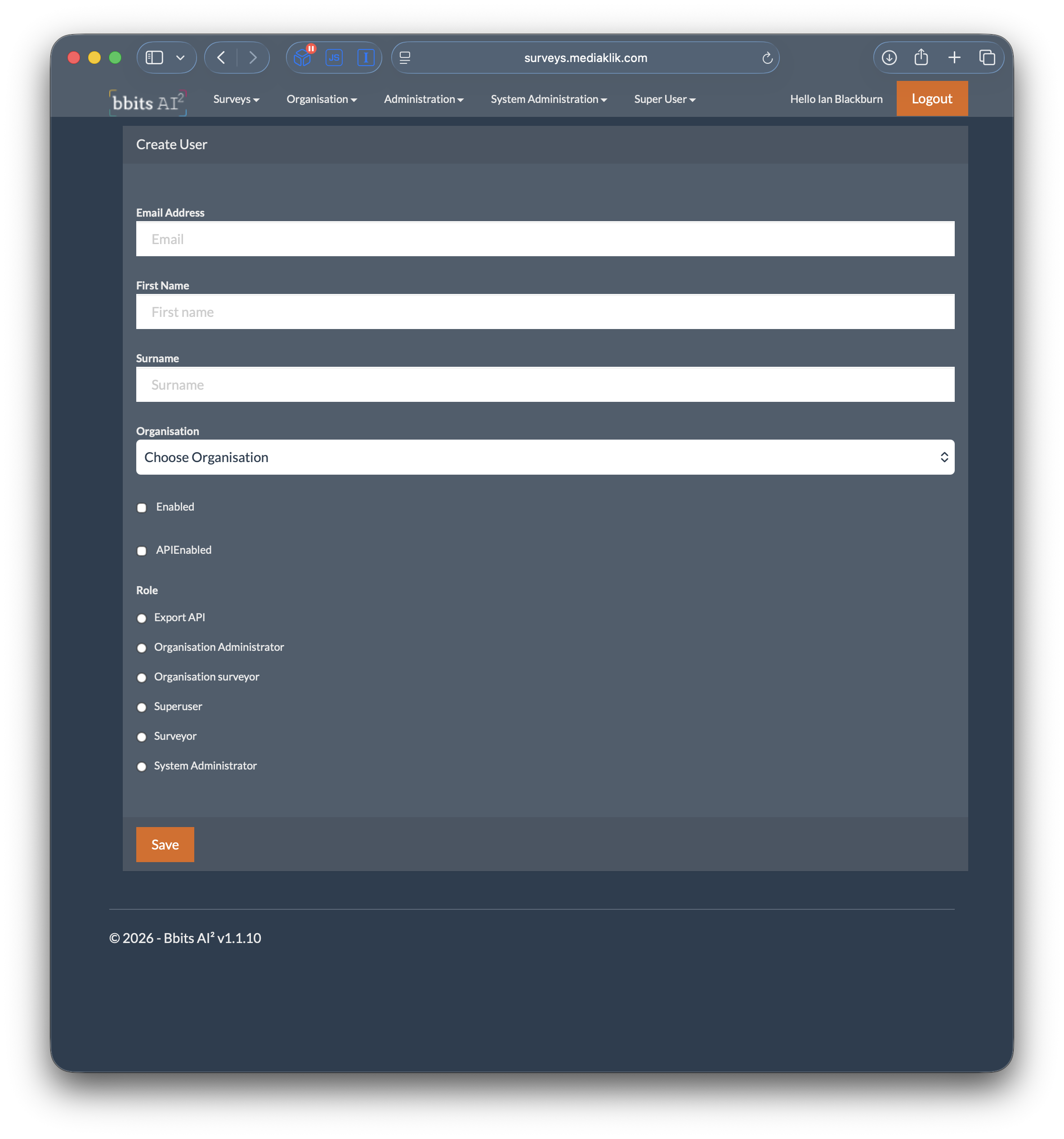 Create User form with contact, organisation, account status and role fields