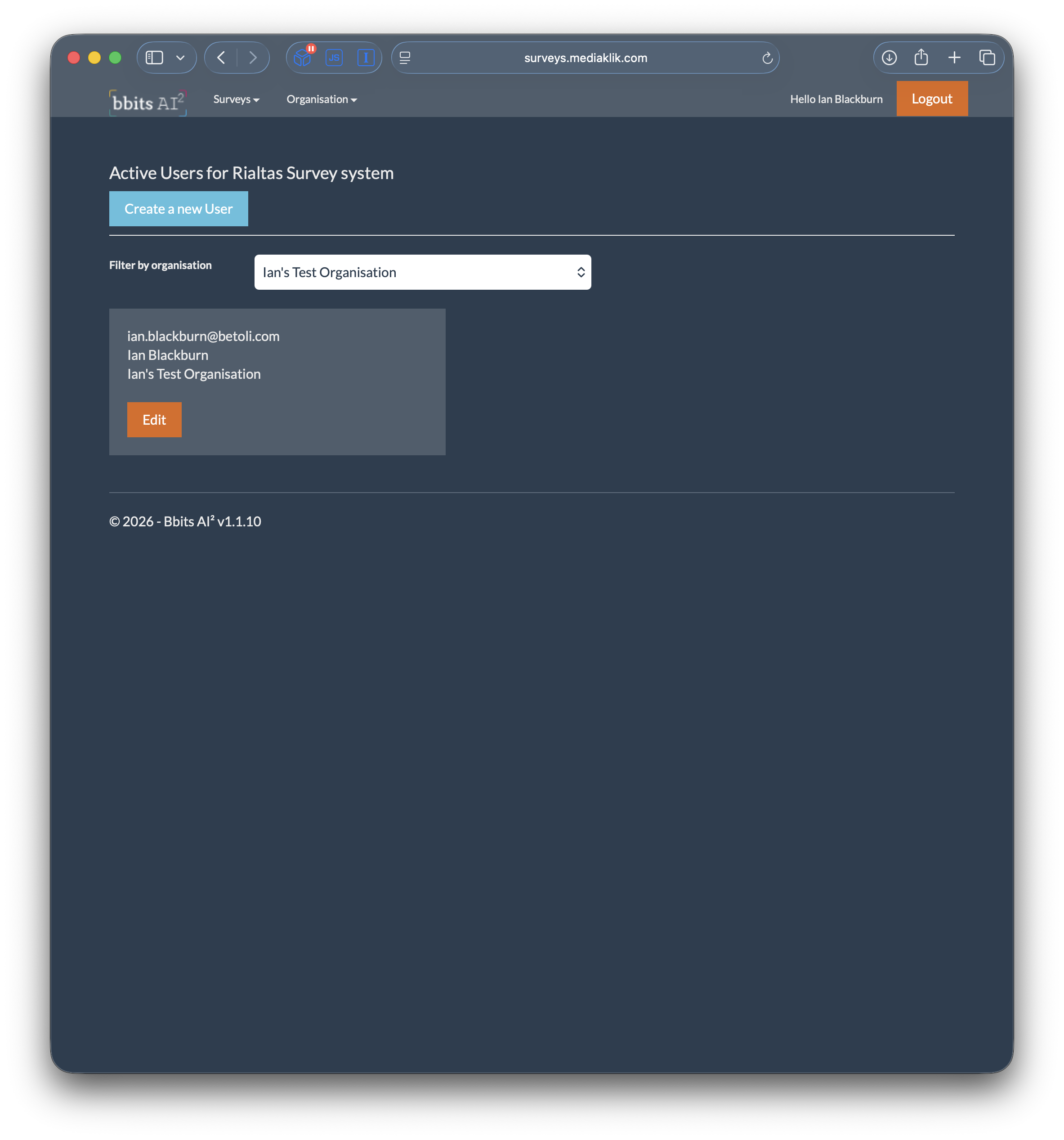 Active users screen with Create a new User, organisation filter and Edit controls