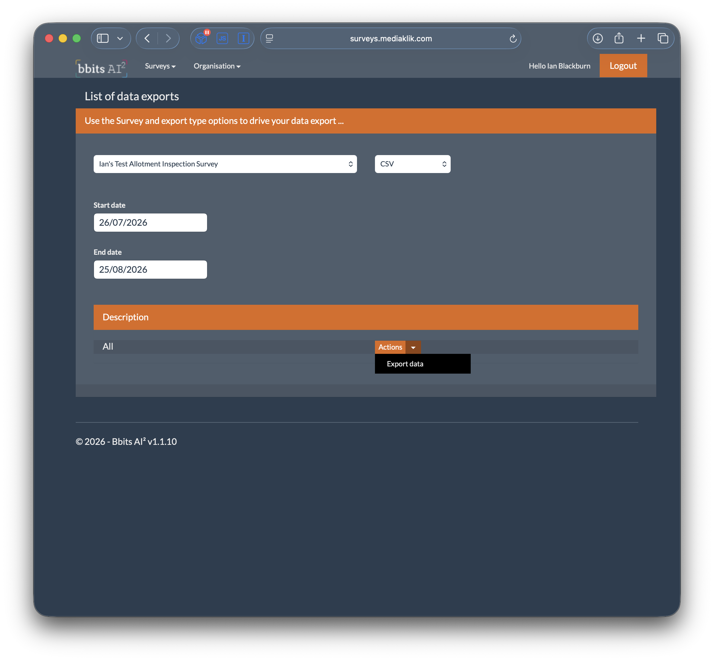 Export Data option shown under the Actions menu