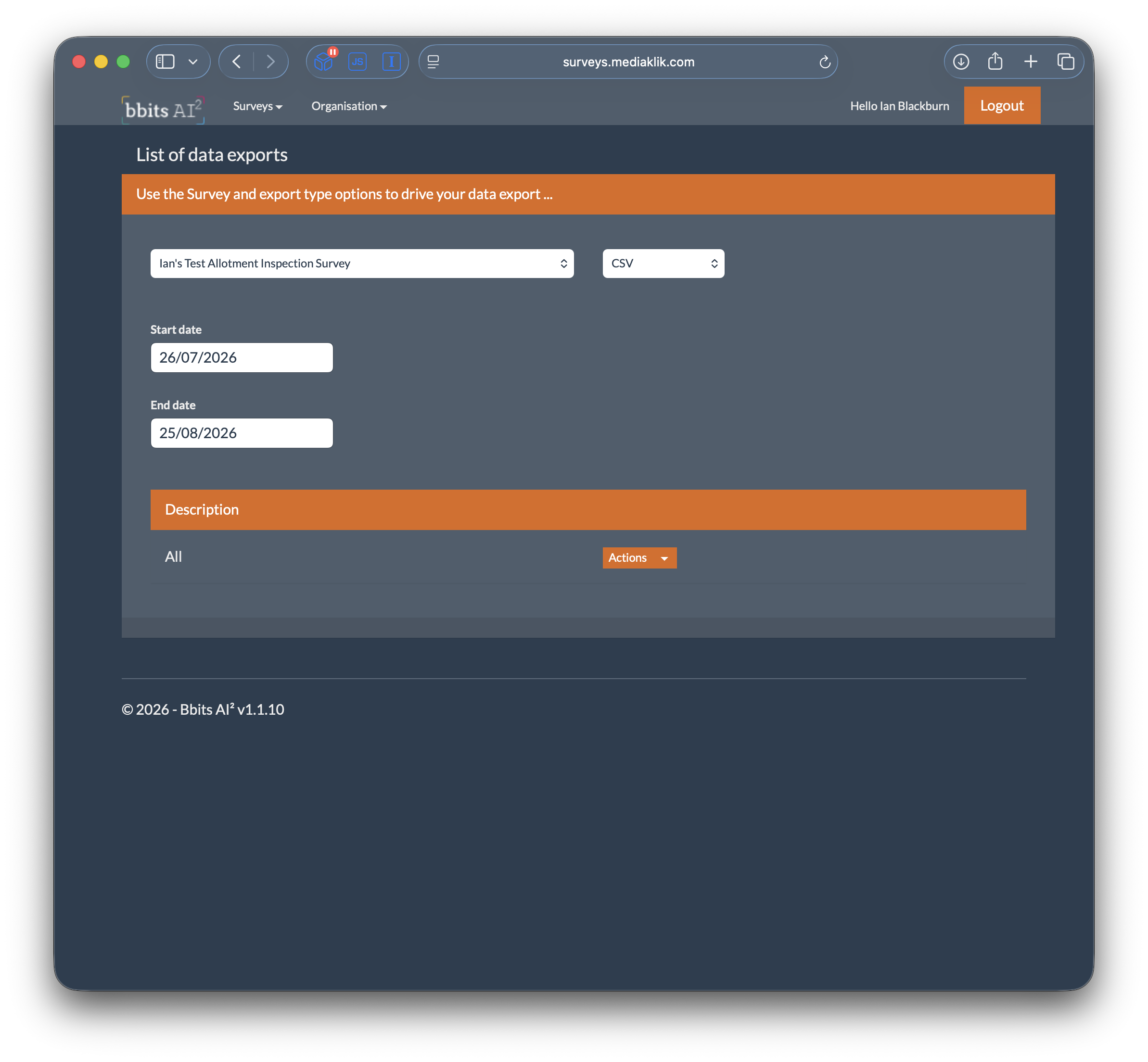 Survey data export options including survey, format and date range