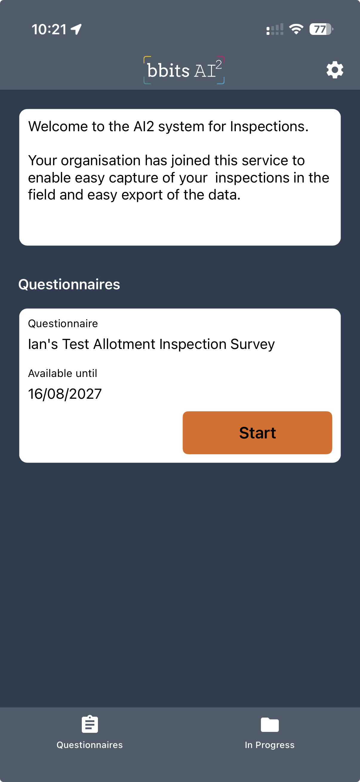 Questionnaire list with a Start button