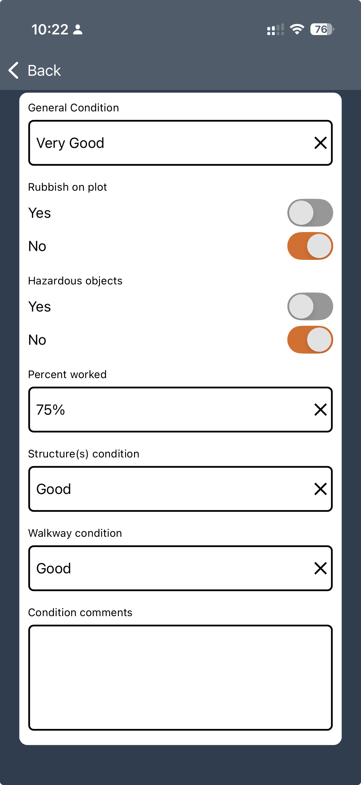 Inspection details questions completed in the app