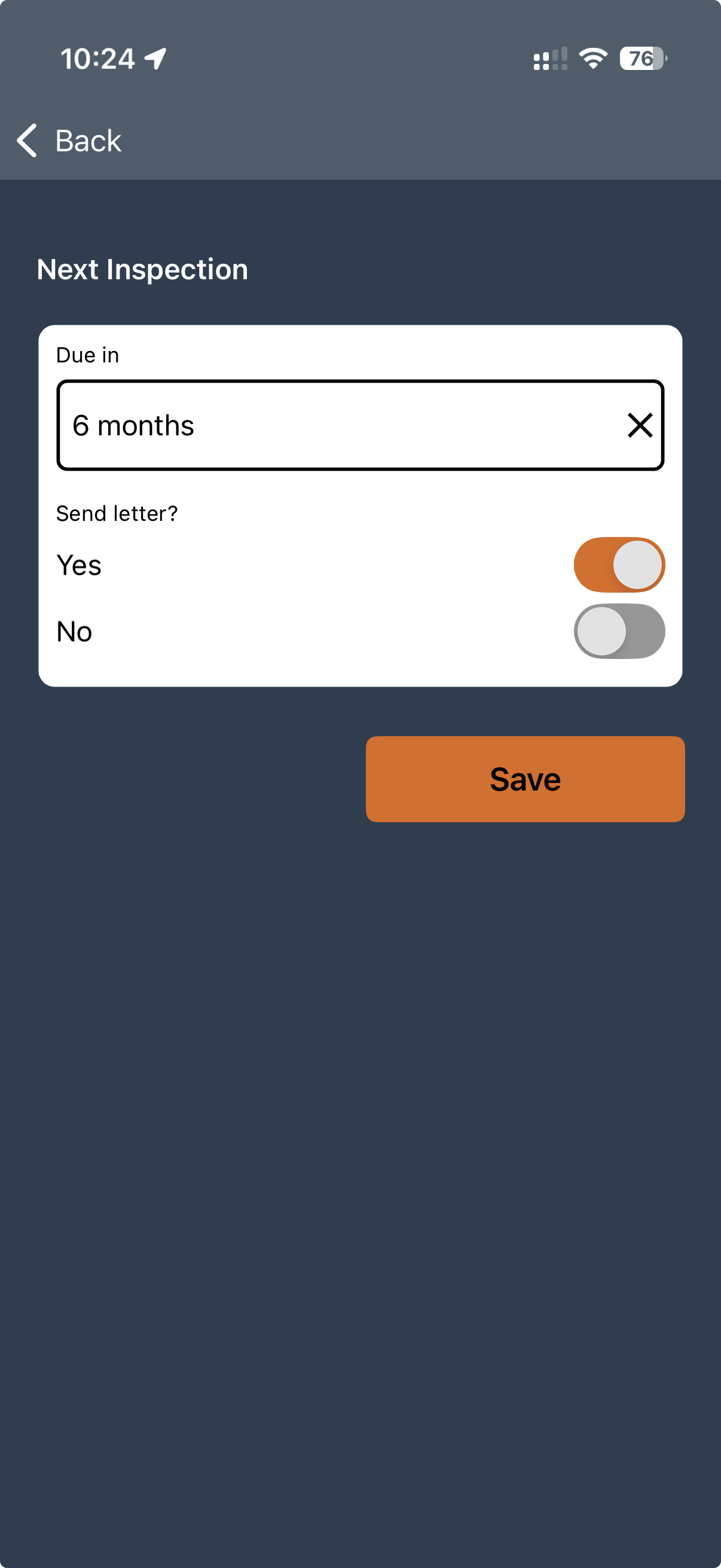 Next inspection date and send letter options