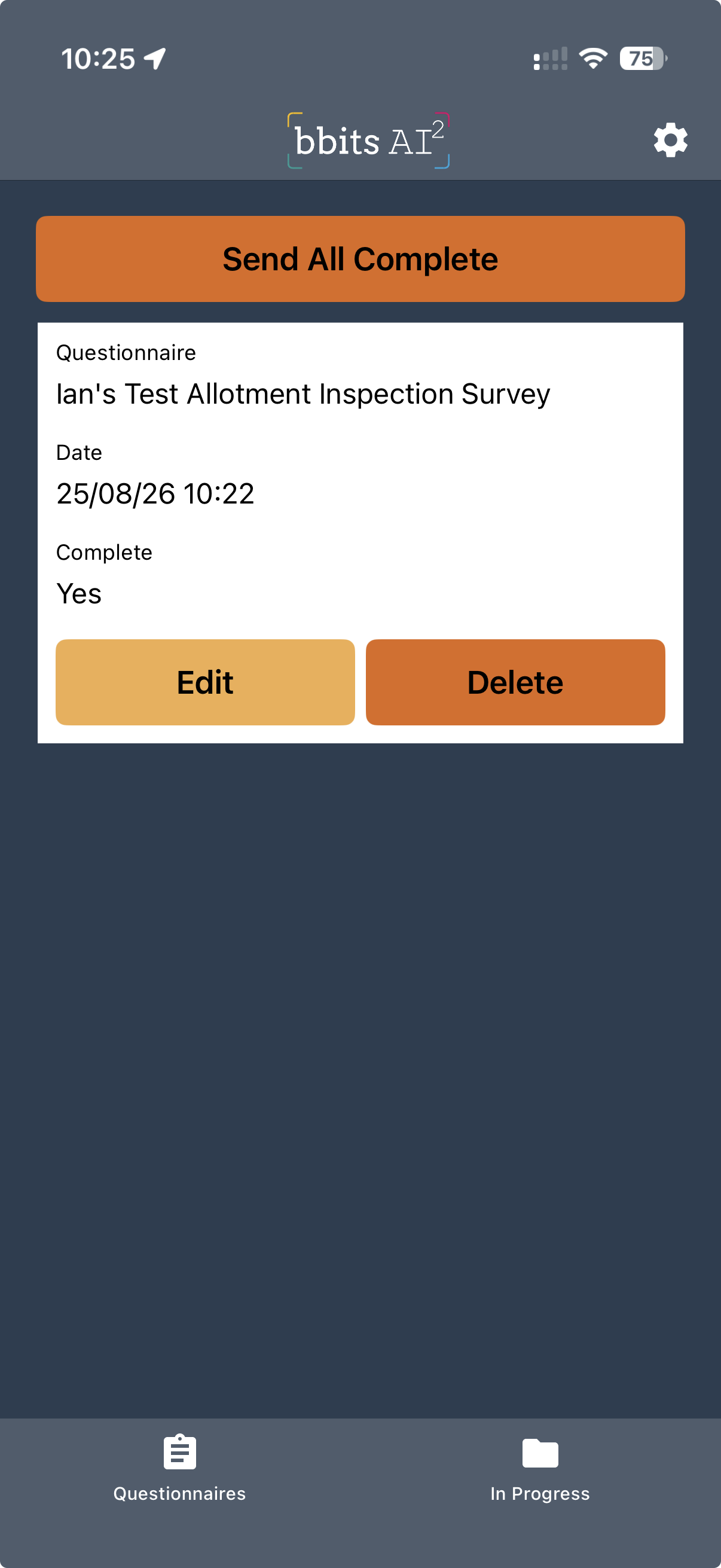 In Progress screen with Send All Complete, Edit and Delete controls